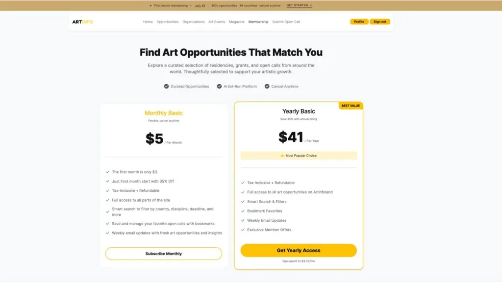 Screenshot of Artinfoland membership plans