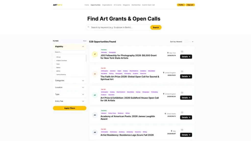 Screenshot of opportunity listings on Artinfoland