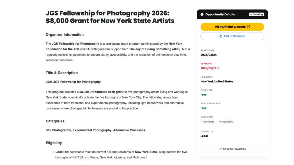 Screenshot of an opportunity detail page on Artinfoland
