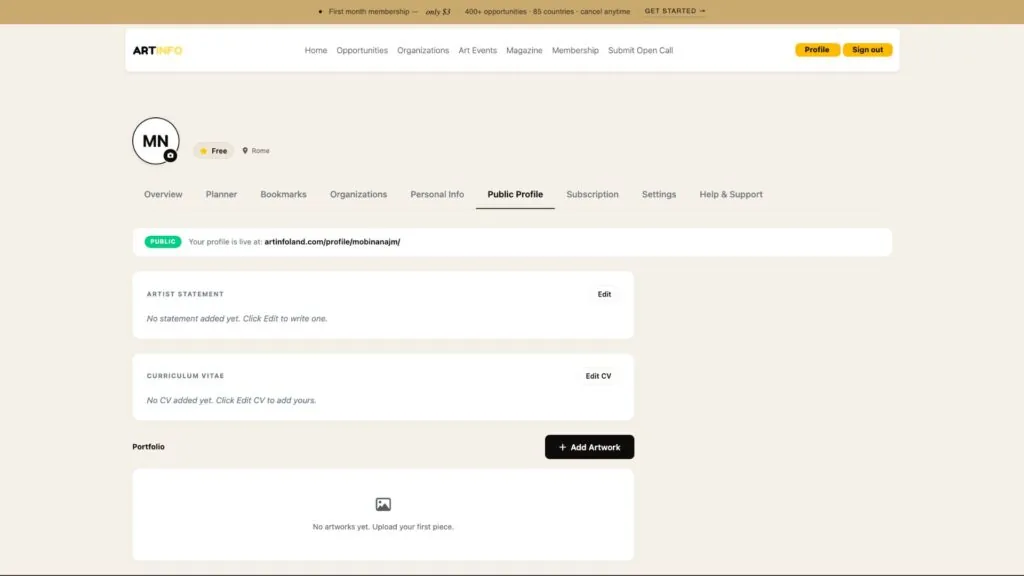 Screenshot of a public artist profile on Artinfoland
