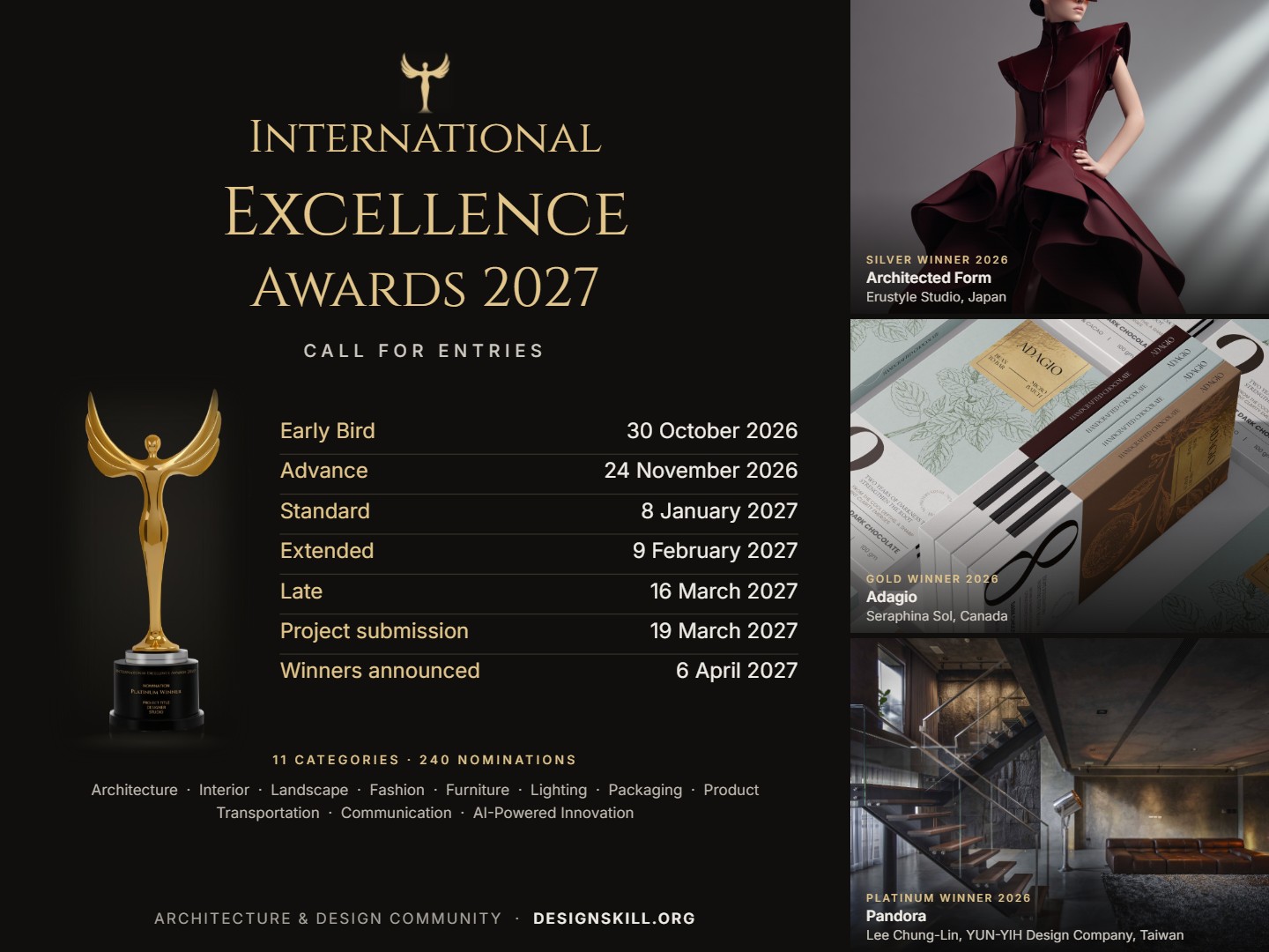 International Excellence Awards 2027 call for entries poster with 2026 winners